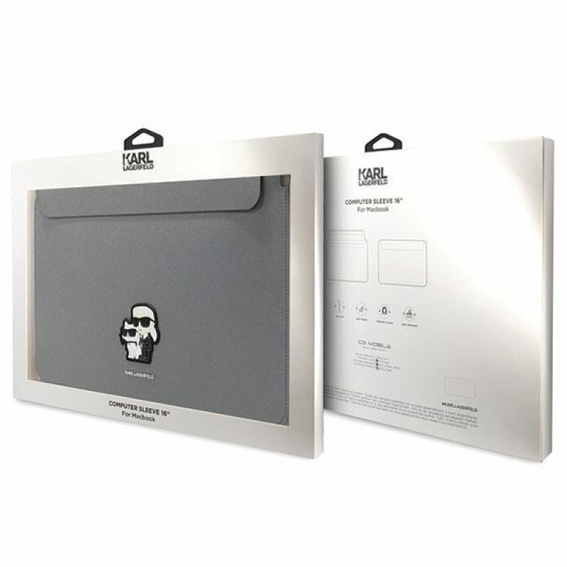 Karl Lagerfeld KLCS16SAKCPMG Laptop Sleeve for 16 inch, silver, Saffiano Karl&Choupette