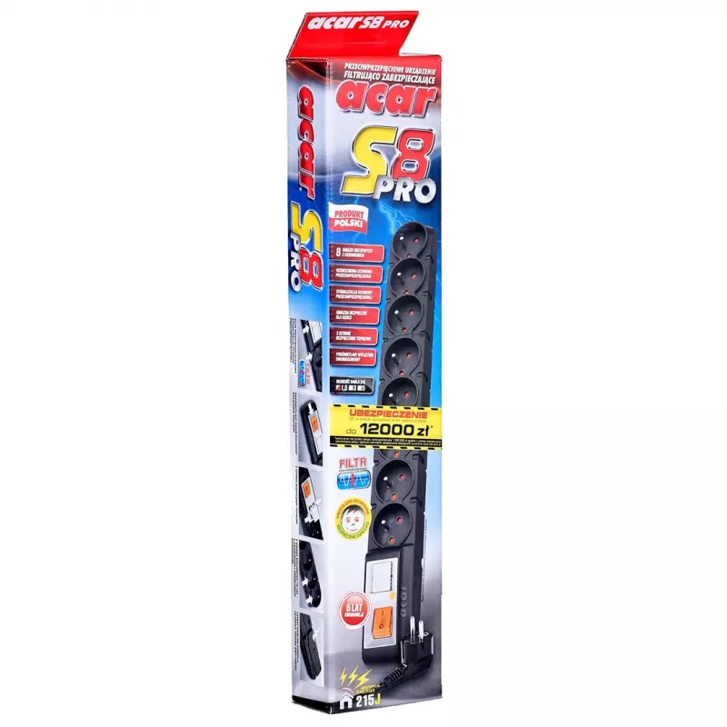 Acar S8 PRO 1.5m Surge Protection Strip - 8 Schuko Outlets, Black