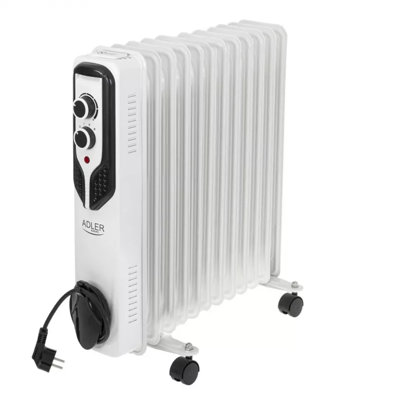Adler AD 7817 Oil-Filled Radiator Heater, 11 Fins, 2500W, 3 Heat Settings, Adjustable Thermostat, Overheat & Tip-Over Protection, Wheels and Handle, Black