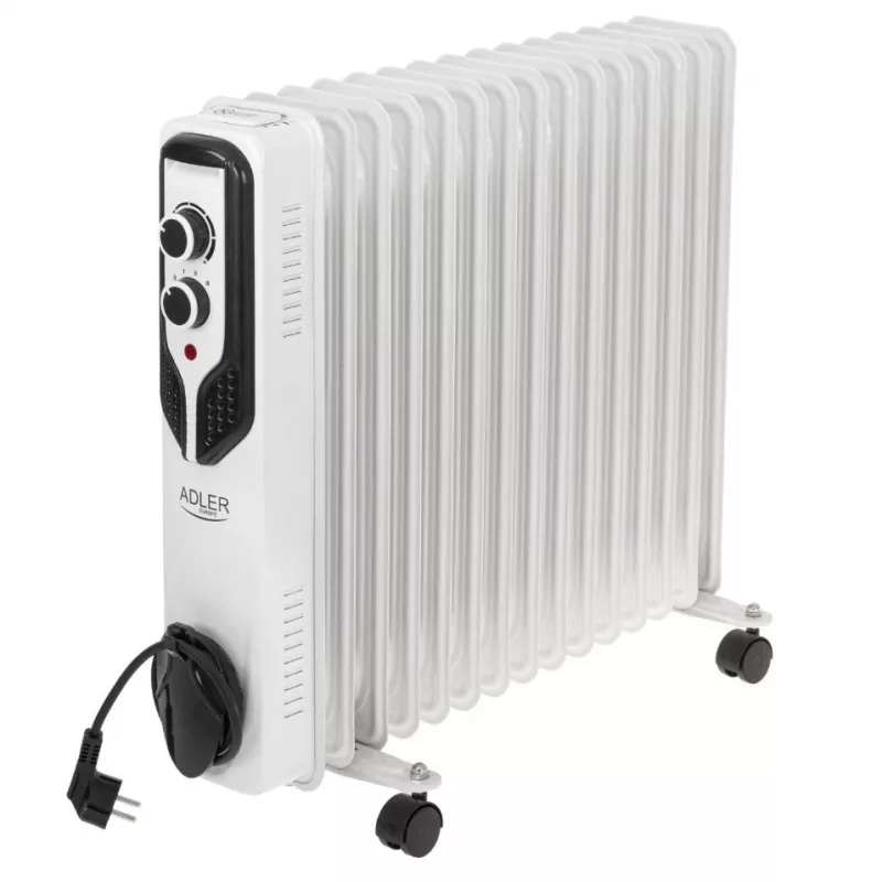 Adler AD 7819 Oil-Filled Radiator Heater, 2000W, 9 Fins, 3 Heat Settings, Adjustable Thermostat, Overheat Protection, Integrated Wheels, White/Grey