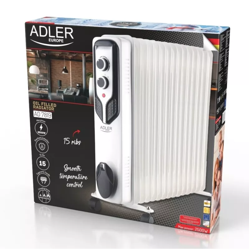 Adler AD 7819 Oil-Filled Radiator Heater, 2000W, 9 Fins, 3 Heat Settings, Adjustable Thermostat, Overheat Protection, Integrated Wheels, White/Grey