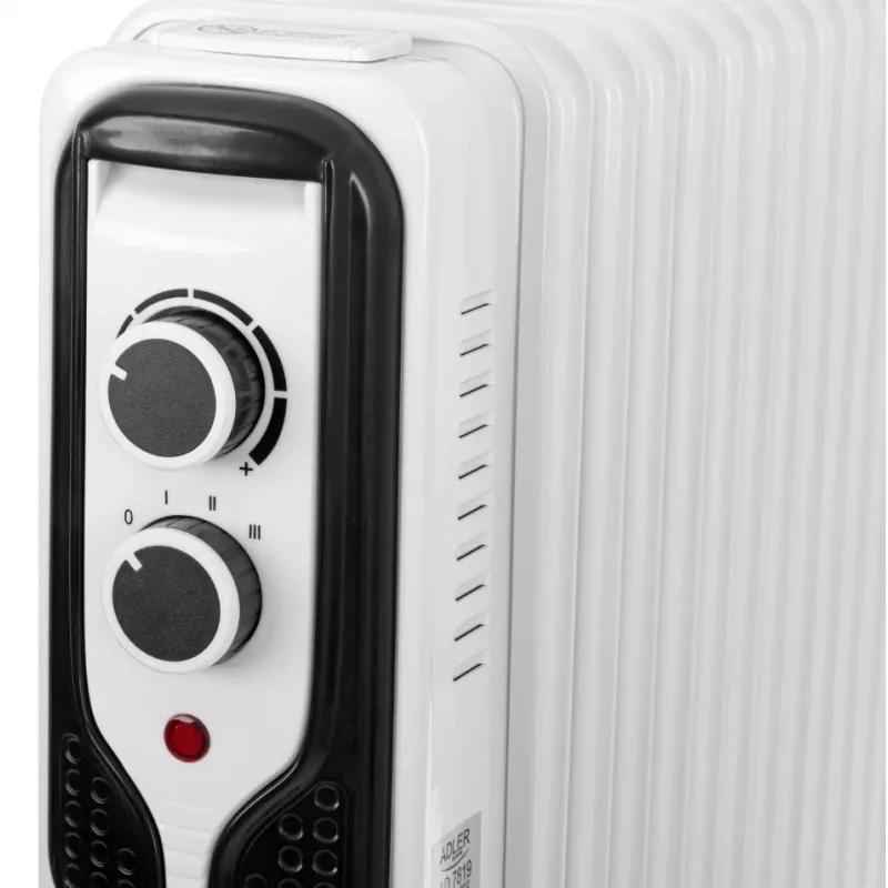 Adler AD 7819 Oil-Filled Radiator Heater, 2000W, 9 Fins, 3 Heat Settings, Adjustable Thermostat, Overheat Protection, Integrated Wheels, White/Grey