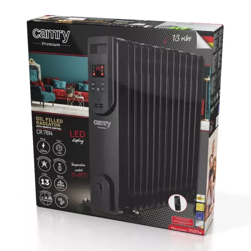 Adler Camry CR 7814 Oil-Filled Radiator with Remote Control, 2500 W, 3 Power Levels, 11 Fins, Digital Thermostat, 24-Hour Timer, LED Display, Overheat & Tip-over Protection, Black
