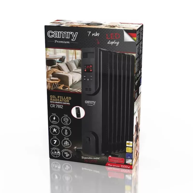 Adler CR 7812 Electric Oil-Filled Radiator with Remote Control, 7 Fins, 1500 W, Black