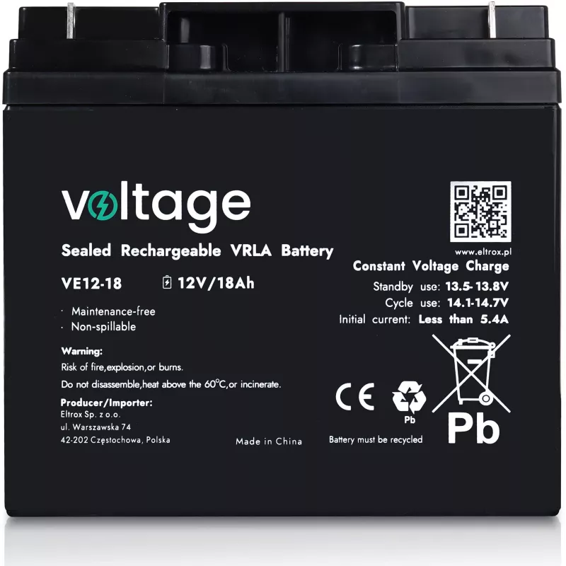 AGM Battery Voltage 12V 18Ah VE12-18 (Lifespan 6-9 years)