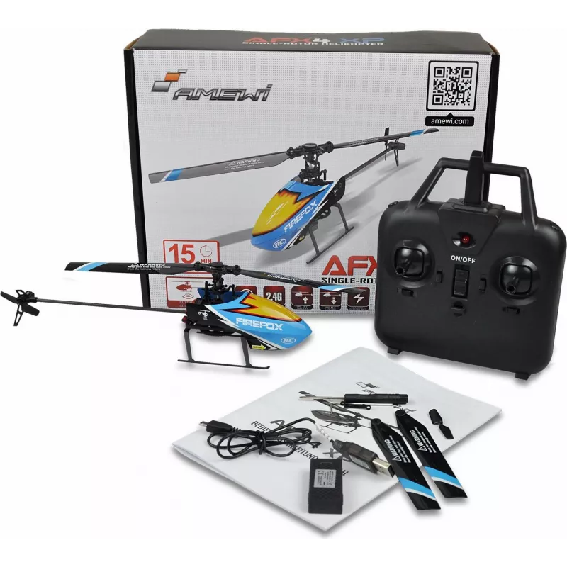 Amewi AFX4 XP Remote Controlled Helicopter RTF 2.4GHz 6-Channel with 6-Axis Gyro, Brushless Main Motor, Altitude Hold, LiPo 7.4V 700mAh, Blue/Black