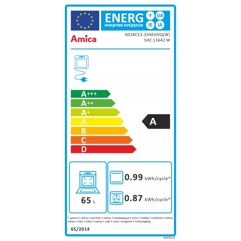 Amica SHC11642W Freestanding Electric Cooker with Ceramic Hob and 65L Oven, 9 Heating Functions, Energy Class A, White