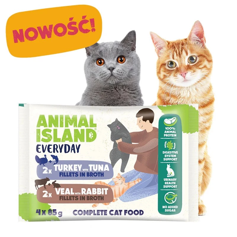 ANIMAL ISLAND Veal / Rabbit & Turkey / Tuna Fillets in Broth Wet Cat Food, 4 x 85 g Pouches, Grain-Free, Adult