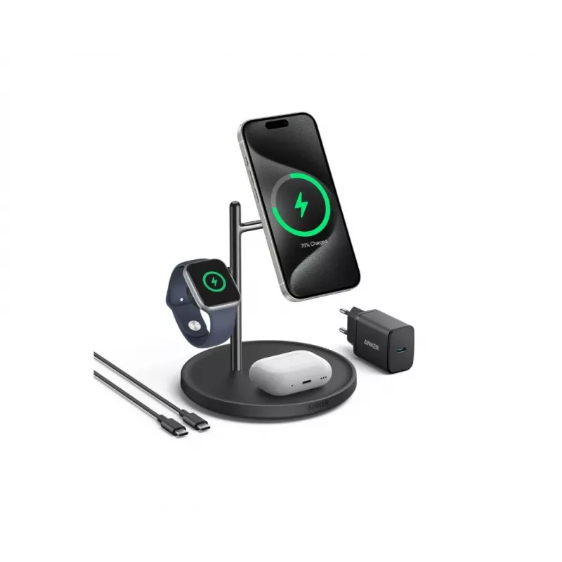 Anker MagGo B25M3312 3-in-1 Qi2 Charging Station, 15 W Phone Charging, Black