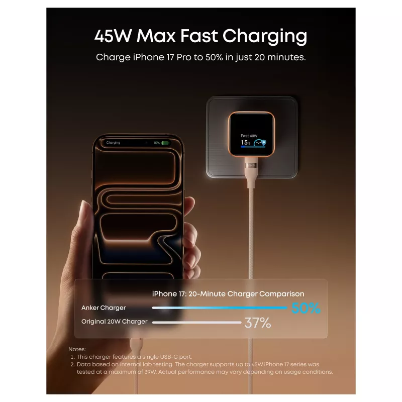Anker Nano Charger 45W GaN USB-C Charger with ActiveShield 5.0, Touch Sensor, SmartDisplay, iPhone Recognition, Orange