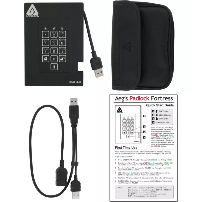 Apricorn Aegis Padlock Fortress A25-3PL256-500F 500GB FIPS 140-2 Level 2 Encrypted External Hard Drive, USB 3.2 Gen 1, AES 256-bit XTS, Black