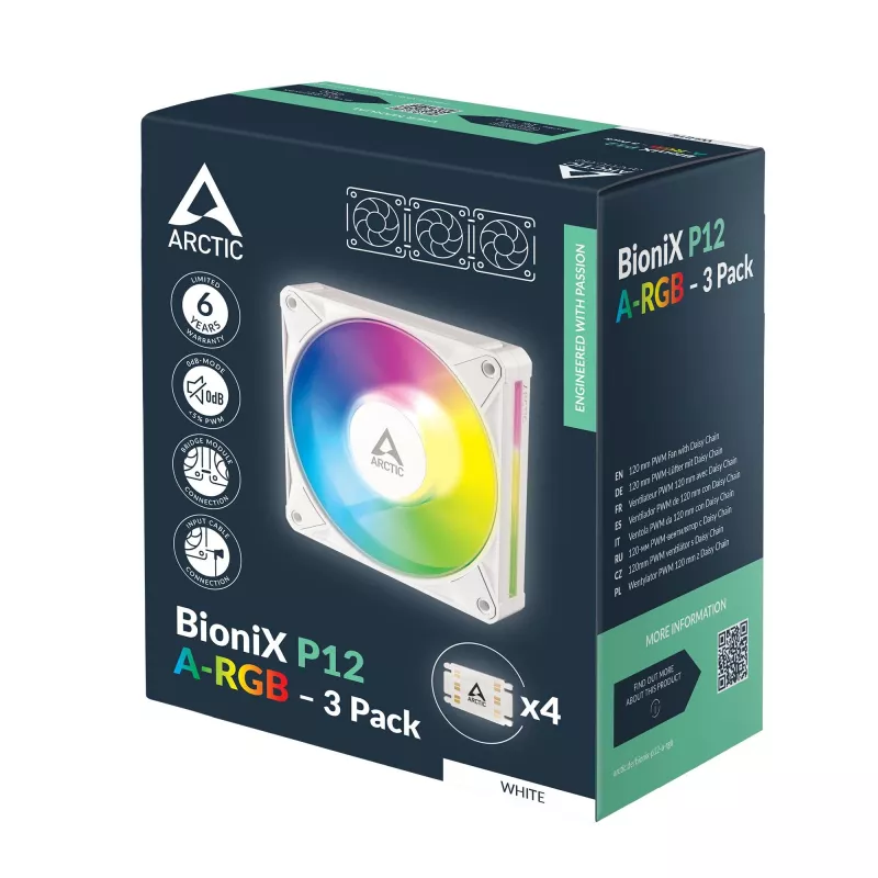 Arctic BioniX P12 A-RGB White 3-Pack – 120mm PWM Case Fan with Addressable RGB and Daisy Chain, 450-3000 RPM
