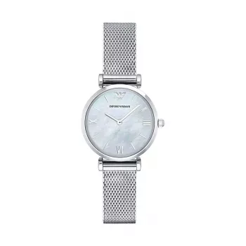 Armani AR1955 Women's Quartz Watch 32mm Stainless Steel Case White Dial Brown Leather Strap