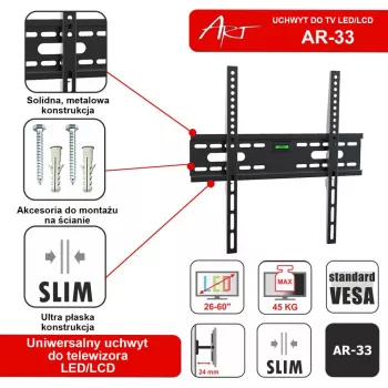 ART AR-33 Fixed Wall Mount for 26-60 Inch LCD/LED TVs, 45 kg, VESA 400x400, Slim 24 mm Profile, Black
