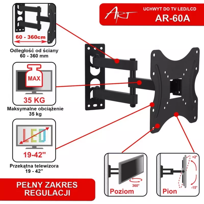ART AR-60A Full Motion TV Wall Mount for 19-42 inch LED/LCD Screens, 35 kg, Black