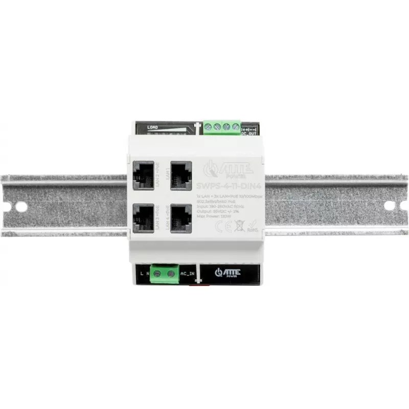 ATTE SWPS-4-11-DIN4 Industrial 4-Port PoE+ Switch with Built-in Power Supply, DIN Rail Mount, 60W Budget