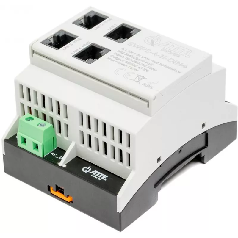 ATTE SWPS-4-11-DIN4 Industrial 4-Port PoE+ Switch with Built-in Power Supply, DIN Rail Mount, 60W Budget