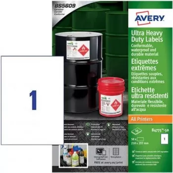 Avery Zweckform B4775-50 A4 White Polyethylene Film Labels, Permanent Adhesive, Laser/Copier, 50 Labels, 210 x 297 mm