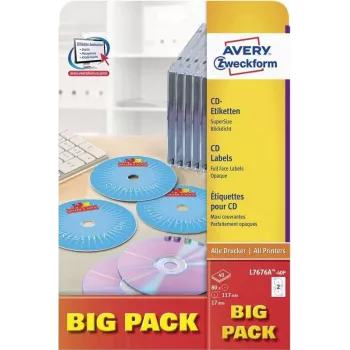 Avery Zweckform L7676A-40P CD/DVD Labels, Ø 117 mm, White, 40 Sheets / 80 Labels, A4, Inkjet & Laser