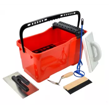 AWTOOLS Professional Tiling Set with Bucket – 5-Piece Tile Laying Kit (24L Bucket, Sponge Float, Notched Trowel, Kneepads, Gloves)