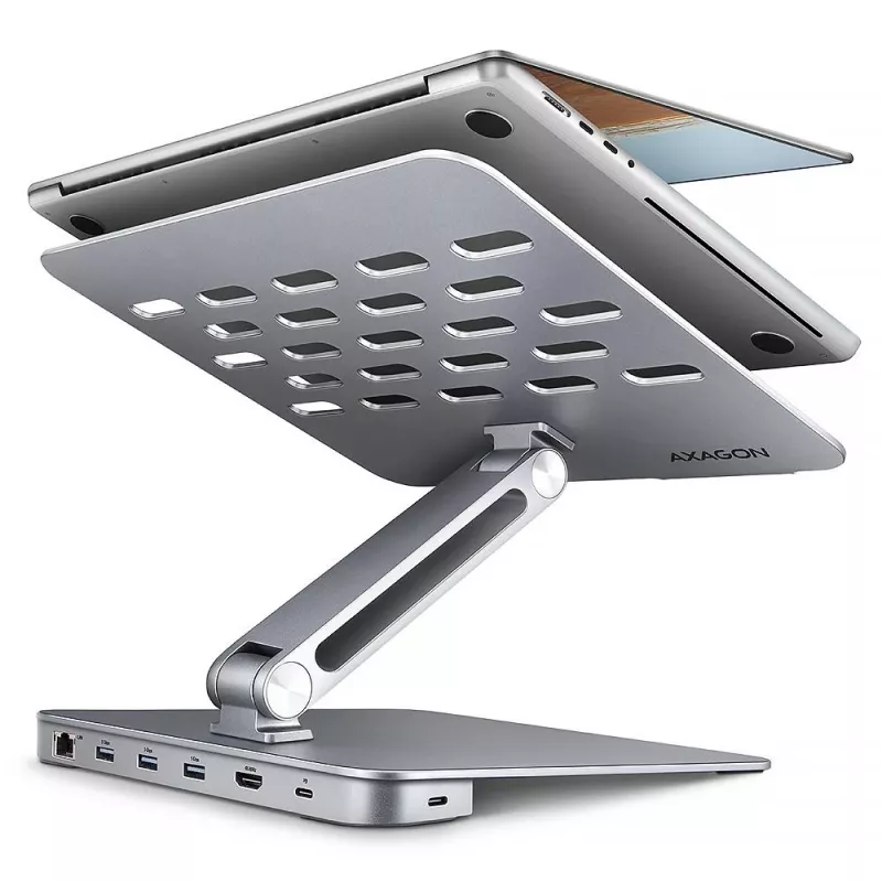 AXAGON HMC-STND Notebook Stand 10-16 inch with 7-in-1 USB-C Hub, 4K HDMI, 100W PD, Gigabit Ethernet, SD Card Reader – Silver