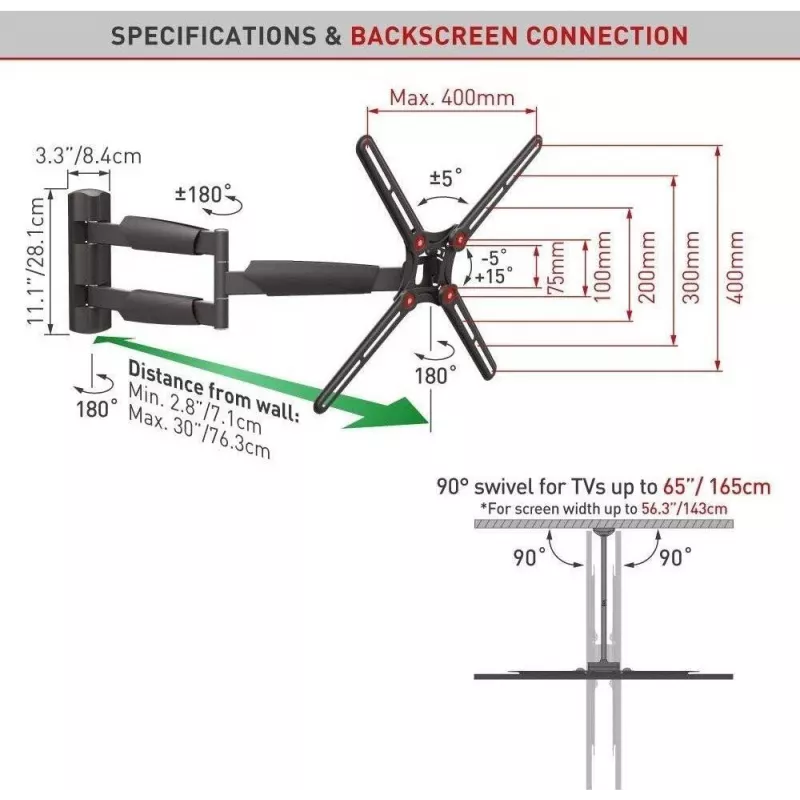 BARKAN BM343XL Full Motion TV Wall Mount for 13-65 inch TVs, 4 Hinges, Extended Arm, Black