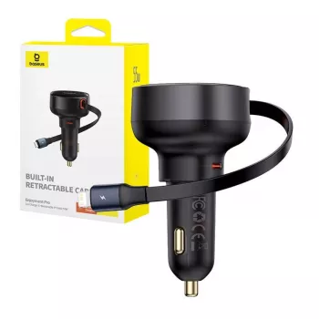 Baseus Car Charger Enjoyment Pro Fast Charger Type-C Female, Lightning Male (0.75m) Built-in Retractable Cable, 55W Black EU