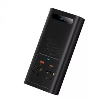 Baseus Car Power Inverter IGBT 300W/220V with Dual EU Sockets, USB-C PD, USB-A QC, Battery Clamp and Cigarette Lighter Cables, Black (CGNB010101)