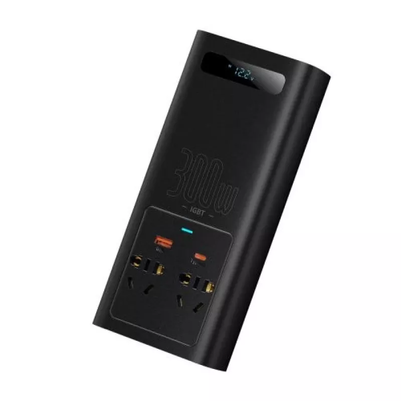 Baseus Car Power Inverter IGBT 300W/220V with Dual EU Sockets, USB-C PD, USB-A QC, Battery Clamp and Cigarette Lighter Cables, Black (CGNB010101)