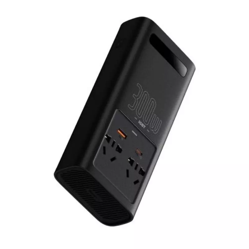 Baseus Car Power Inverter IGBT 300W/220V with Dual EU Sockets, USB-C PD, USB-A QC, Battery Clamp and Cigarette Lighter Cables, Black (CGNB010101)