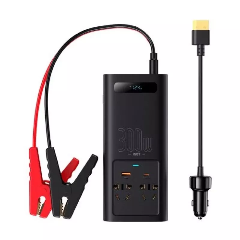 Baseus Car Power Inverter IGBT 300W/220V with Dual EU Sockets, USB-C PD, USB-A QC, Battery Clamp and Cigarette Lighter Cables, Black (CGNB010101)