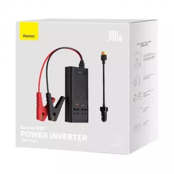 Baseus Car Power Inverter IGBT 300W/220V with Dual EU Sockets, USB-C PD, USB-A QC, Battery Clamp and Cigarette Lighter Cables, Black (CGNB010101)