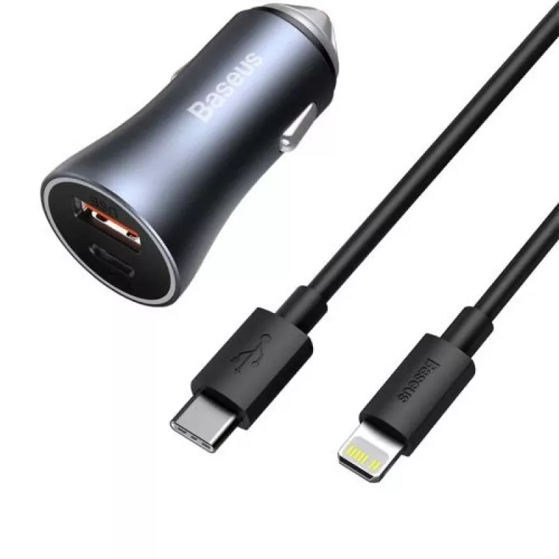 Baseus Golden Contactor Pro Dual Quick Car Charger 40W USB-C + USB-A PD 3.0 QC 4+ SCP FCP AFC with Type-C to Lightning Cable 1m Black Dark Gray