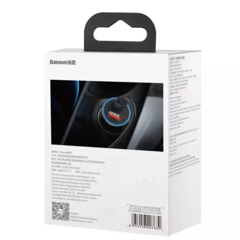 Baseus Golden Contactor Pro Dual Quick Car Charger 40W USB-C + USB-A PD 3.0 QC 4+ SCP FCP AFC with Type-C to Lightning Cable 1m Black Dark Gray