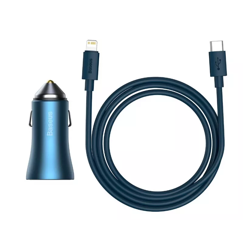 Baseus Golden Contactor Pro Dual Quick Car Charger 40W with USB-C to Lightning Cable 1m Blue