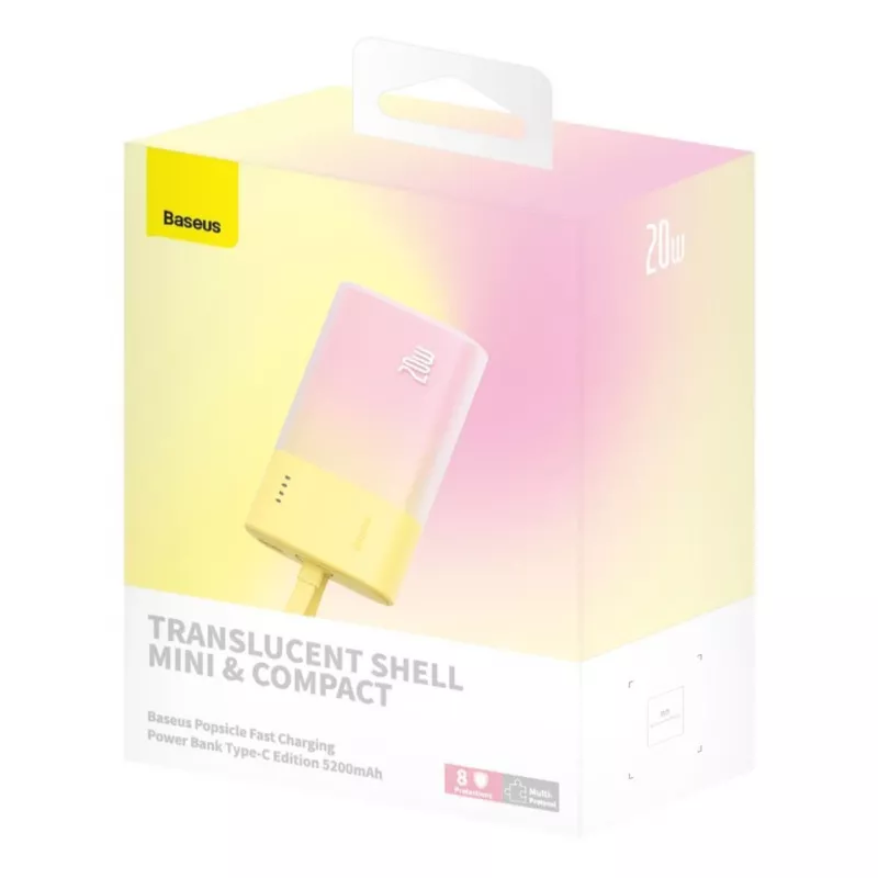 Baseus Popsicle 5200mAh 20W Power Bank with Built-in Lightning Cable and White Baseus Simple USB-C to USB-C 60W 30cm Cable - Yellow-Pink