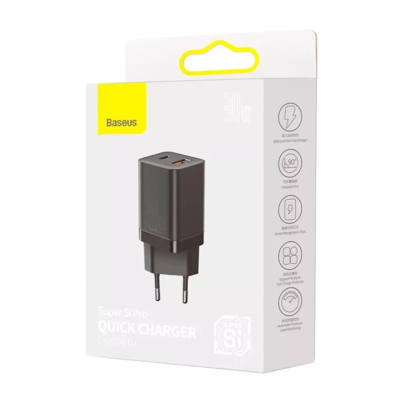 Baseus Super Si Pro Mini 30W USB-C + USB-A Wall Charger, PD 3.0, QC 3.0, EU Plug, Black (CCSUPP-E01)