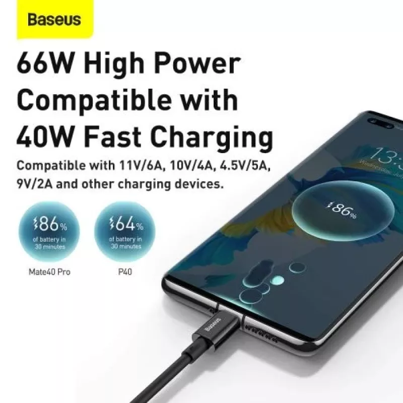 Baseus Superior Series USB-A to USB-C Fast Charging Data Cable, 66W (11V/6A), 2m, Black (CATYS-A01)