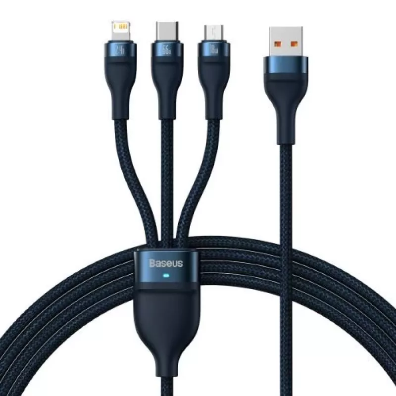 Baseus Universal Cable Flash Series II 3-in-1 Fast Charging Data Cable (USB-A to Micro + Lightning + Type-C) 66W, 480mbps, 1.2m, Blue (CASS040003)