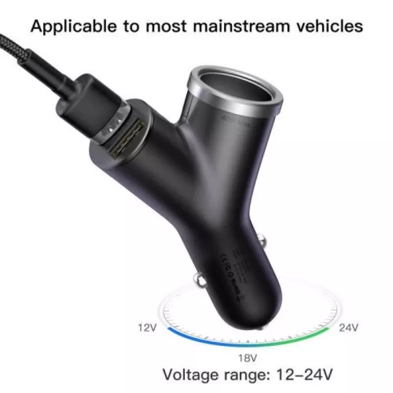 Baseus Y Type Car Charger, 2 USB + Cigarette Lighter Socket, 3.4A, Black (CCALL-YX01)