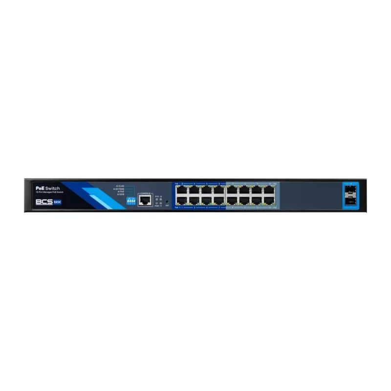 BCS B-SP16G-2SFP-M Industrial Unmanaged 16-Port Gigabit PoE+ Switch with 2 SFP Slots, 240W PoE Budget, DIN-Rail Mount