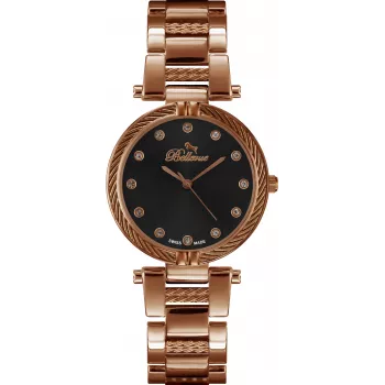 BELLEVUE D26 Women's Quartz Analog Watch 32mm Stainless Steel Case Black Leather Strap