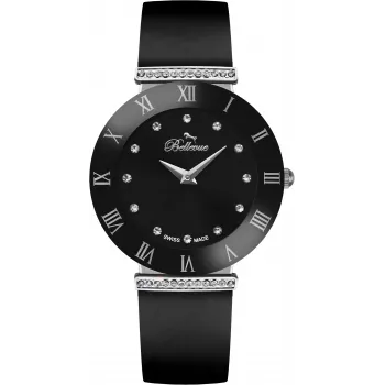 BELLEVUE E126 Women's Analog Quartz Watch 26mm Silver Dial Black Leather Strap