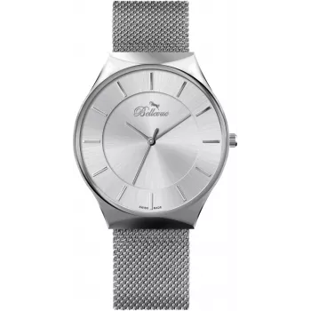 BELLEVUE E56 Men's Analog Quartz Watch 32mm Stainless Steel Case Black Dial Genuine Leather Strap