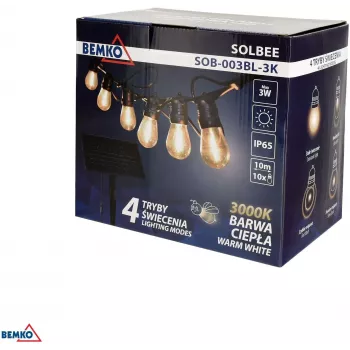 BEMKO SOLBEE Solar-Powered LED Garden String Lights 10 LEDs 10m Warm White 3000K IP65 Black