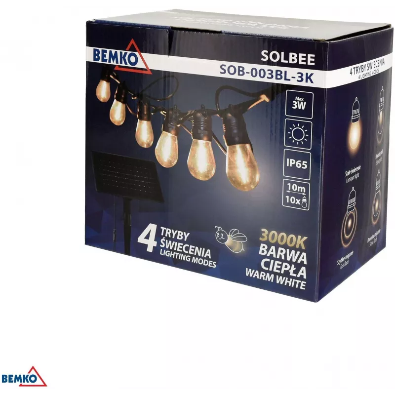 BEMKO SOLBEE Solar-Powered LED Garden String Lights 10 LEDs 10m Warm White 3000K IP65 Black