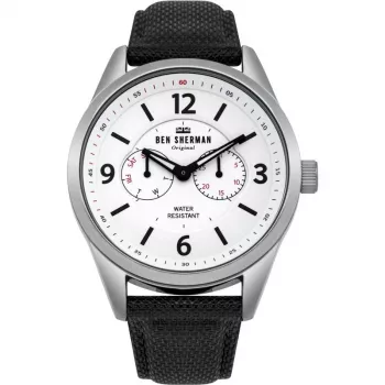 BEN SHERMAN Men's Quartz Analog Watch WB069WB 45 mm Black Dial Black Leather Strap