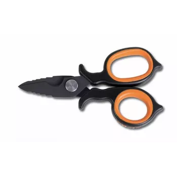 BETA Electrician's Scissors 1128BAX - 145 mm Stainless Steel with Cable Stripping Notch, Orange/Black