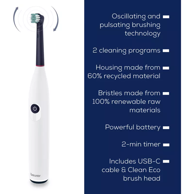 Beurer TB 15 Green Planet Electric Toothbrush White Sonic Round Head 3 Programs 2 Brush Heads 104.92