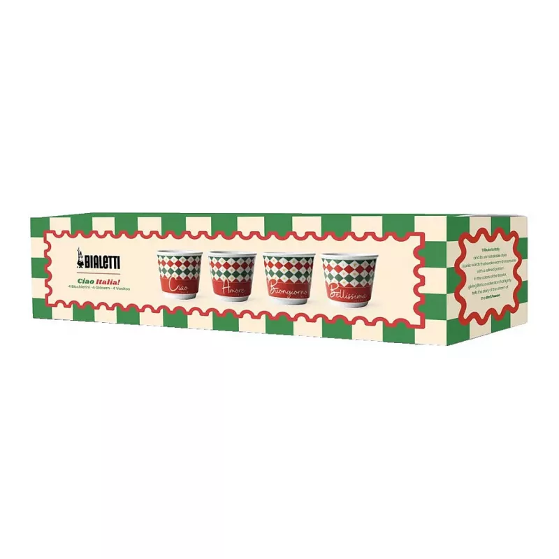 Bialetti Set of 4 Tricolore Espresso Glasses, 80 ml, Glass, Italian Flag Colors, Dishwasher Safe